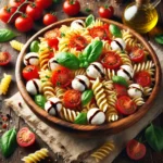 A vibrant Caprese pasta salad in a wooden bowl with fusilli pasta, ripe cherry tomatoes, fresh mozzarella balls, basil leaves, and a drizzle of balsamic glaze.