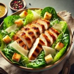 A bowl filled with romaine lettuce, grilled chicken, croutons, and parmesan cheese, topped with creamy Caesar dressing. A fork rests on the side