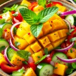 Fresh mango salad in a bowl with diced mango, red bell pepper, cucumber, red onion, fresh mint, basil, and a lime, olive oil, and honey dressing