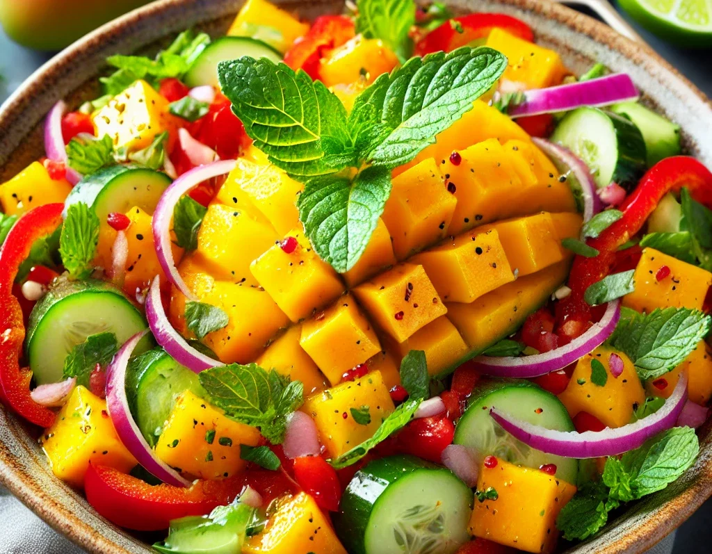 Fresh mango salad in a bowl with diced mango, red bell pepper, cucumber, red onion, fresh mint, basil, and a lime, olive oil, and honey dressing