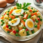 A vibrant and colorful Dominican potato salad in a clear glass bowl, featuring diced potatoes, carrots, green peas, and red bell peppers, mixed with a creamy mayonnaise dressing. The salad is garnished with fresh parsley and topped with slices of hard-boiled eggs and olives. The background is a clean, light-colored table, creating a fresh and inviting presentation.