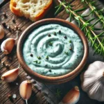 Blue garlic aioli in a white bowl with jam, garlic, and bread on a marble countertop