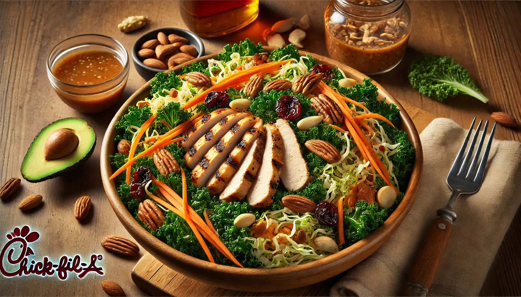 Chick fil A kale salad with fresh kale, mixed greens, roasted nuts, dried cherries, and grilled chicken, topped with a maple vinaigrette dressing