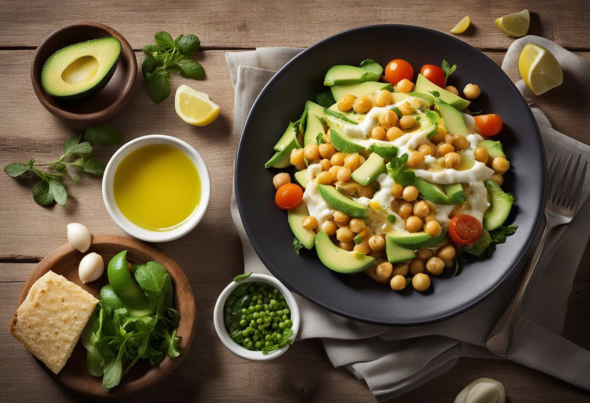 Chickpea avocado salad with fresh vegetables and herbs in a wooden bowl