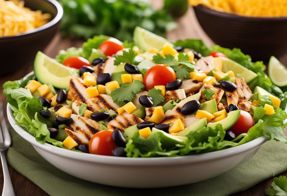 Fresh and colorful Taco Chicken Salad topped with lime dressing and cilantro
