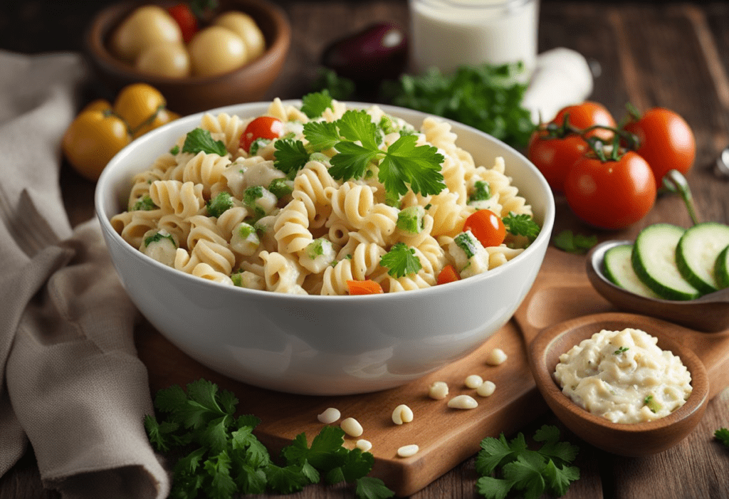 Egg pasta salad with spiral pasta, hard-boiled eggs, fresh veggies, and creamy dressing, garnished with parsley on a rustic wooden table