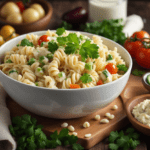 Egg pasta salad with spiral pasta, hard-boiled eggs, fresh veggies, and creamy dressing, garnished with parsley on a rustic wooden table