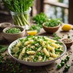 Natural close-up of asparagus pea pasta salad with penne, asparagus, peas, and fresh ingredients on a rustic table