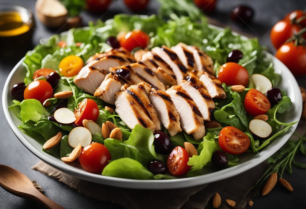 A bowl of Panera Bread-inspired chicken salad featuring diced chicken, celery, red onion, and grapes, mixed with a creamy mayonnaise dressing, garnished with fresh herbs, and served with leafy greens on the side.