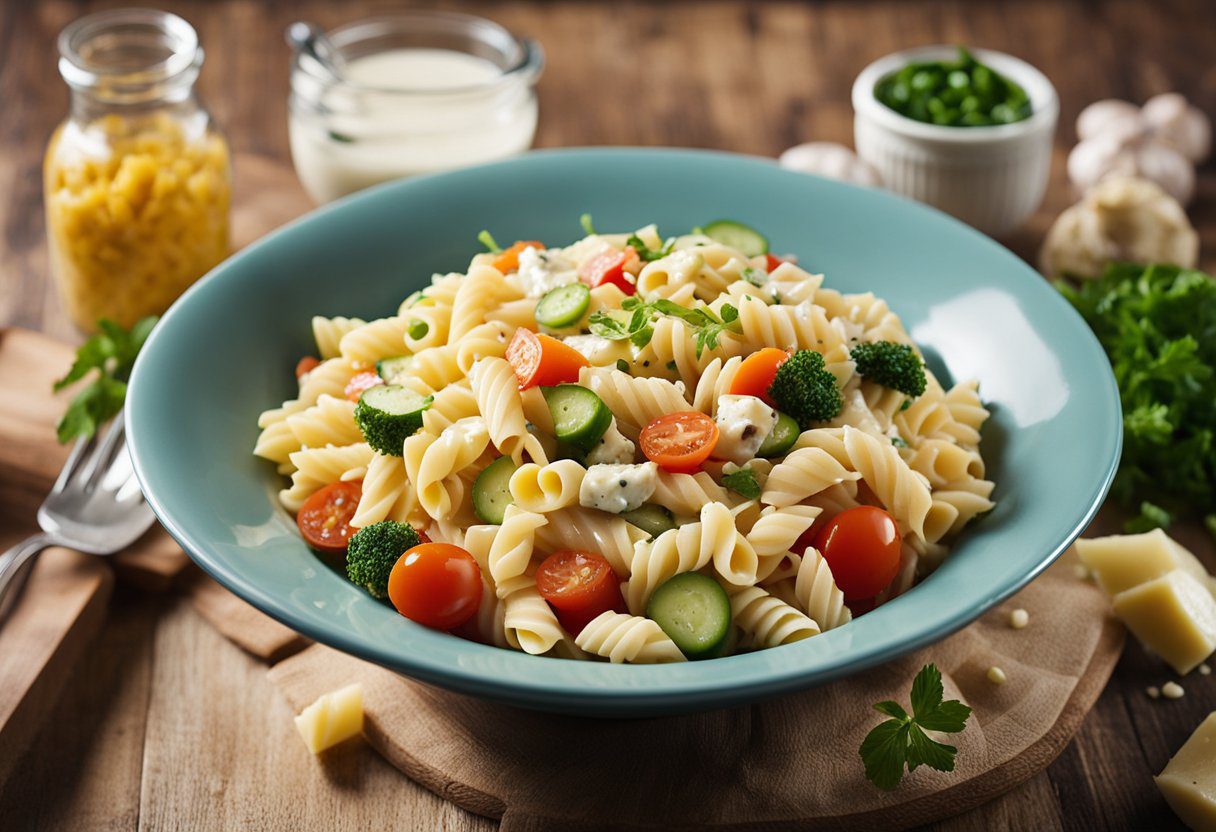 A bowl of creamy pasta salad surrounded by fresh ingredients and a drizzle of Italian dressing. Chopped vegetables and cooked pasta are mixed together in a large bowl, with a creamy sauce being poured over the top