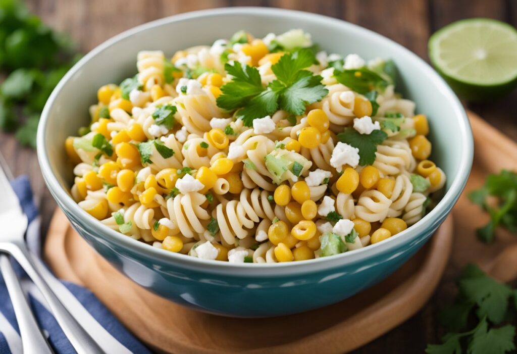 A colorful bowl of elote pasta salad, featuring spiral pasta, grilled corn, cotija cheese, cilantro, and a creamy chili-lime dressing