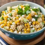 A colorful bowl of elote pasta salad, featuring spiral pasta, grilled corn, cotija cheese, cilantro, and a creamy chili-lime dressing