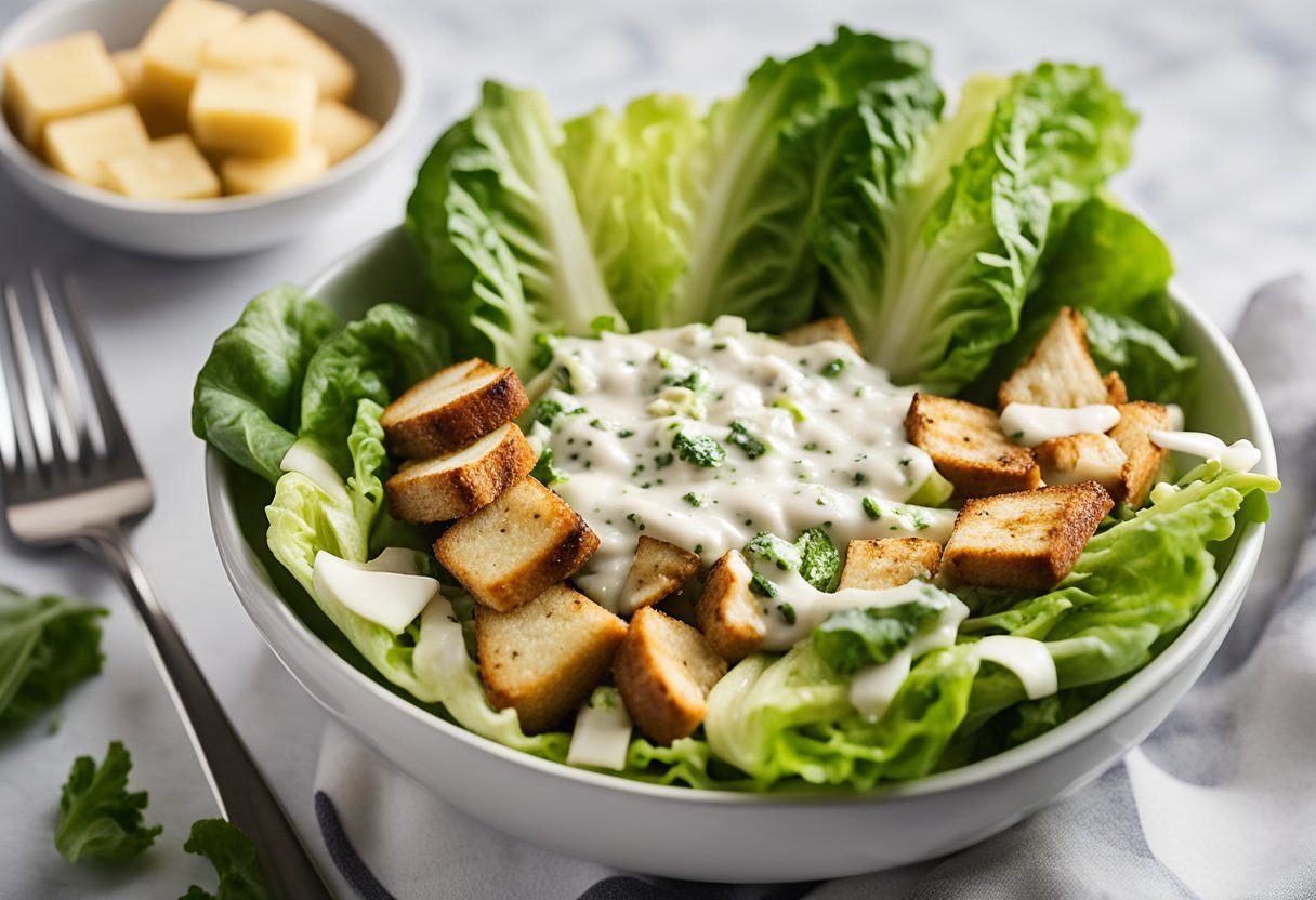 A bowl filled with romaine lettuce, grilled chicken, croutons, and parmesan cheese, topped with creamy caesar dressing. A fork rests on the side