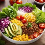 A colorful array of fresh ingredients laid out on a kitchen counter, with a vibrant mix of lettuce, tomatoes, corn, avocado, and seasoned ground beef in a large taco bowl