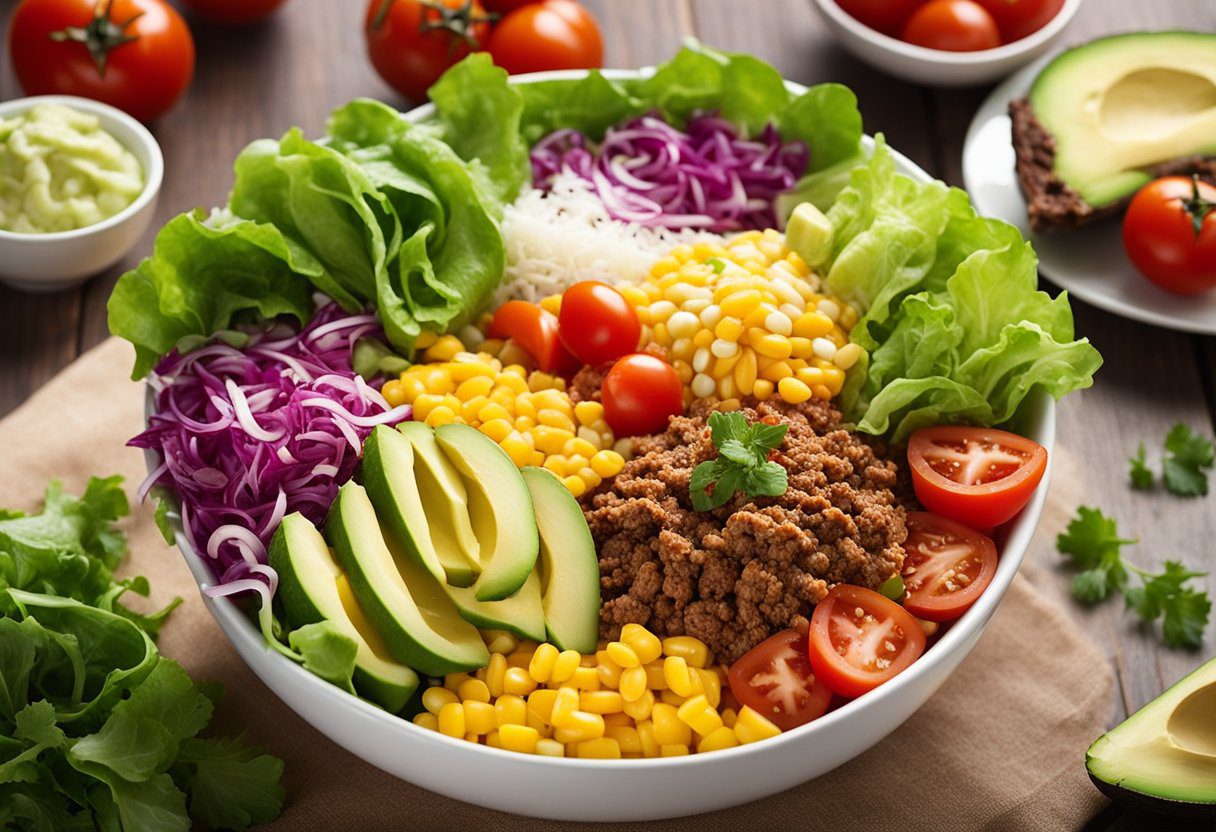 A colorful array of fresh ingredients laid out on a kitchen counter, with a vibrant mix of lettuce, tomatoes, corn, avocado, and seasoned ground beef in a large taco bowl