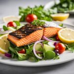 Fresh salmon fillet, mixed greens, cherry tomatoes, cucumber, red onion, and lemon wedges arranged on a white plate. A grilled salmon fillet on top, drizzled with vinaigrette