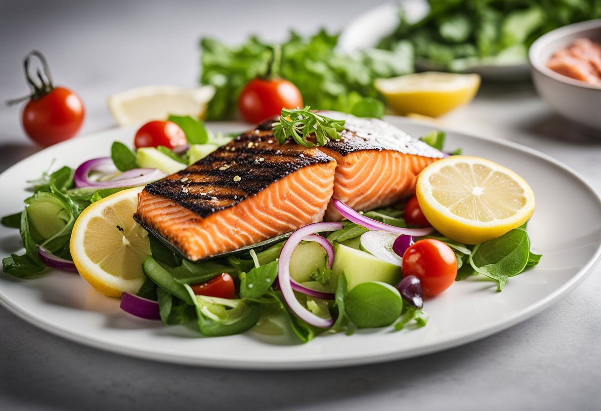 Fresh salmon fillet, mixed greens, cherry tomatoes, cucumber, red onion, and lemon wedges arranged on a white plate. A grilled salmon fillet on top, drizzled with vinaigrette