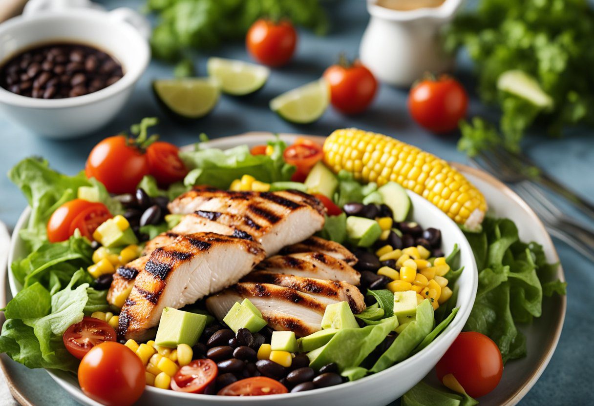 A bowl filled with grilled chicken, mixed greens, corn, black beans, tomatoes, avocado, and a zesty dressing