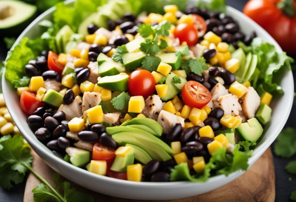 A colorful array of diced chicken, tomatoes, corn, black beans, avocado, and lettuce mixed in a large bowl with a tangy lime and cilantro dressing