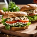 A kitchen counter with ingredients for a chicken salad melt sandwich , including chicken, lettuce, tomatoes, cheese, and bread, along with utensils and a cutting board