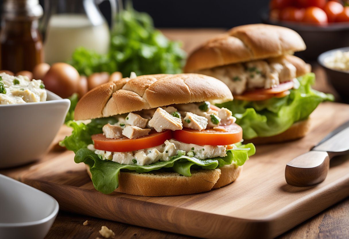 A kitchen counter with ingredients for a chicken salad melt sandwich , including chicken, lettuce, tomatoes, cheese, and bread, along with utensils and a cutting board