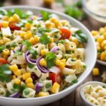 A colorful Corn Pasta Salad array of fresh corn, pasta, and assorted vegetables being tossed together in a large bowl with a tangy vinaigrette dressing