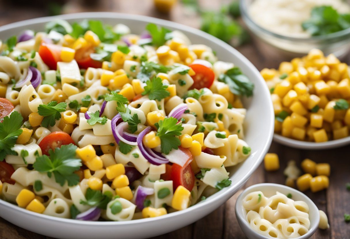 A colorful Corn Pasta Salad array of fresh corn, pasta, and assorted vegetables being tossed together in a large bowl with a tangy vinaigrette dressing