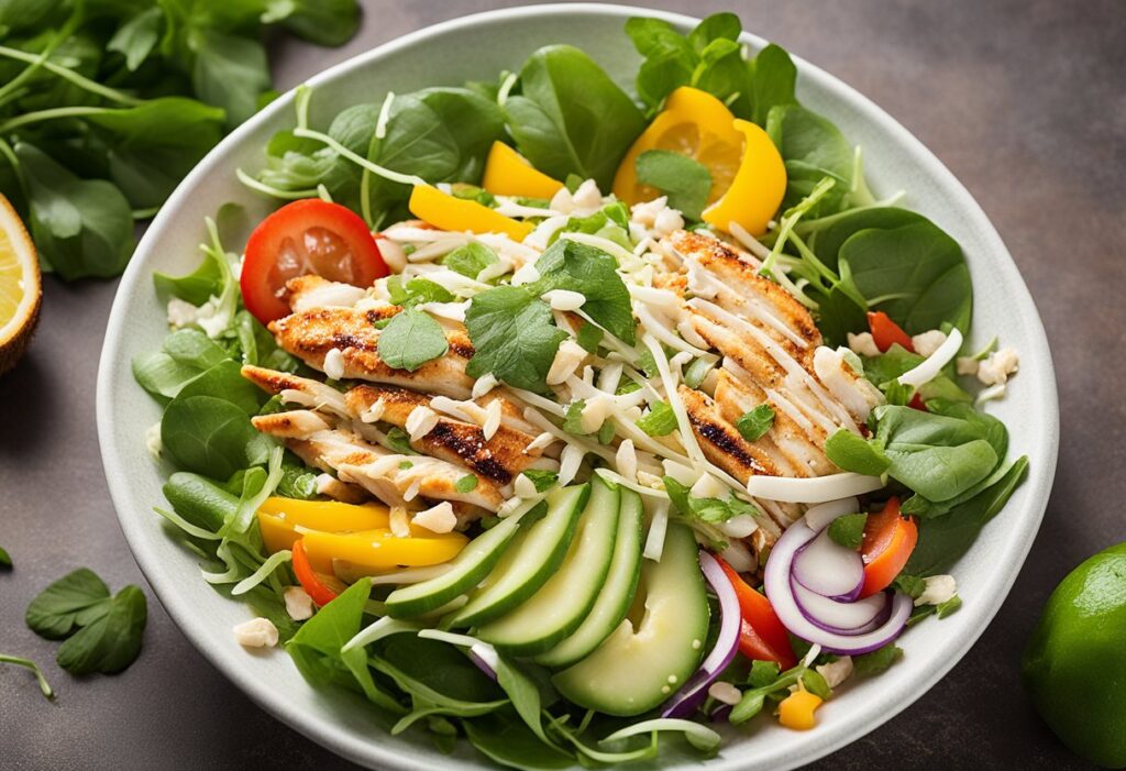 A colorful Coconut Chicken Salad with shredded chicken, toasted coconut flakes, mixed greens, sliced bell peppers, and cucumbers, topped with a lime vinaigrette and garnished with fresh cilantro on a tropical-themed background.
