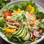 A colorful Coconut Chicken Salad with shredded chicken, toasted coconut flakes, mixed greens, sliced bell peppers, and cucumbers, topped with a lime vinaigrette and garnished with fresh cilantro on a tropical-themed background.