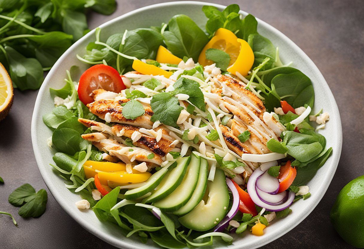 A colorful Coconut Chicken Salad with shredded chicken, toasted coconut flakes, mixed greens, sliced bell peppers, and cucumbers, topped with a lime vinaigrette and garnished with fresh cilantro on a tropical-themed background.