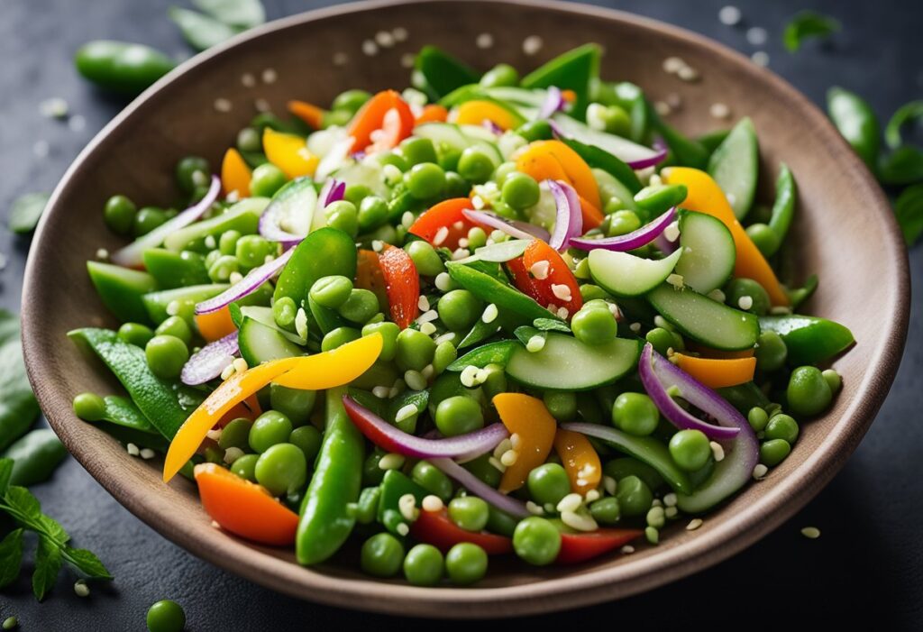 Fresh snow pea salad with blanched snow peas, thinly sliced cucumber, julienned red and yellow bell peppers, shredded carrots, and garnished with toasted sesame seeds, fresh cilantro, and sliced green onions, all drizzled with a light dressing