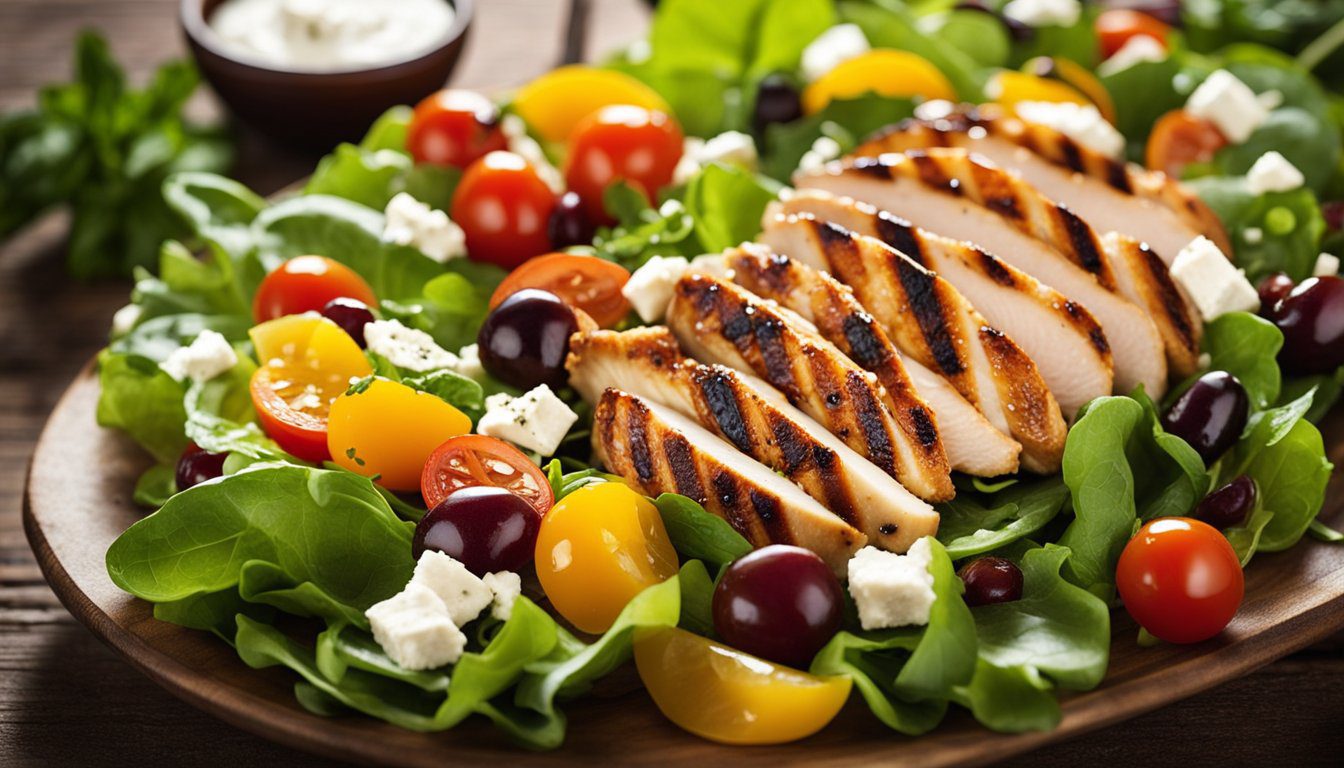 Colorful grilled chicken salad packed with veggies, creamy avocado, and crumbled cheese, garnished with nuts for added texture