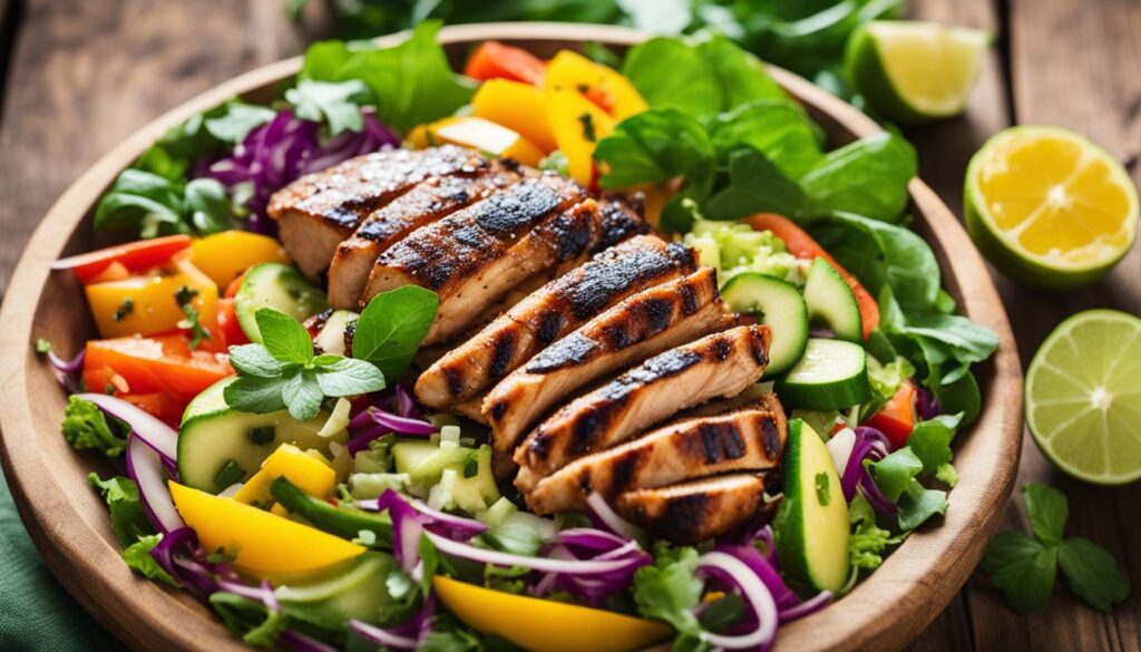 Delicious jerk chicken salad with tender grilled chicken on a bed of mixed greens, garnished with bell peppers, cherry tomatoes, cucumbers, and avocado, topped with a zesty lime dressing