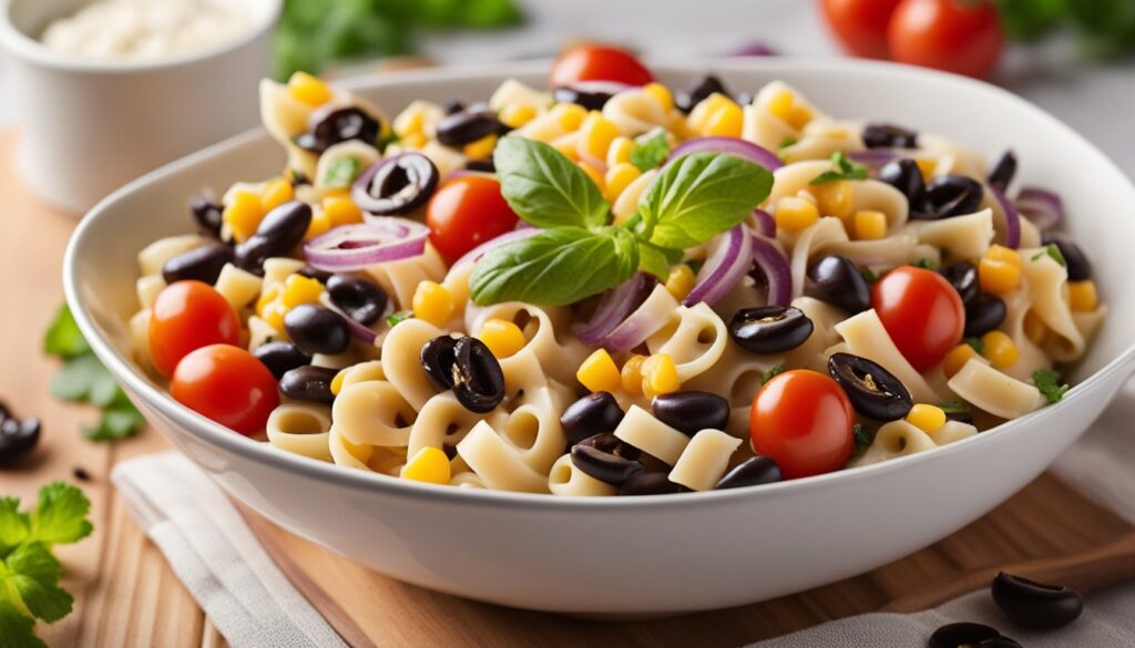 Black bean pasta salad with well-cooked ingredients, including spiral pasta, black beans, cherry tomatoes, corn, and melted cheese, mixed together and served in a white bowl