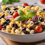 Black bean pasta salad with well-cooked ingredients, including spiral pasta, black beans, cherry tomatoes, corn, and melted cheese, mixed together and served in a white bowl