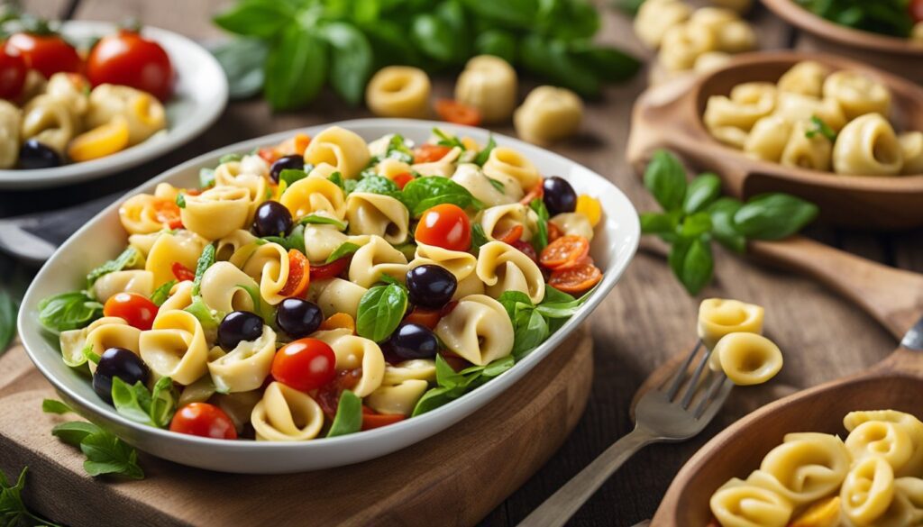 Vibrant tortellini pasta salad with fresh vegetables and herbs, including cherry tomatoes, bell peppers, cucumbers, and olives, tossed in Italian dressing and served as a refreshing summer dish.