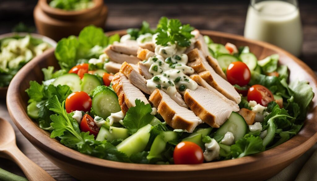 Healthy chicken salad recipe served in a rustic bowl with colorful fresh vegetables, tender chicken slices, and a drizzle of creamy dressing in a bright kitchen setting.