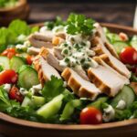 Healthy chicken salad recipe served in a rustic bowl with colorful fresh vegetables, tender chicken slices, and a drizzle of creamy dressing in a bright kitchen setting.