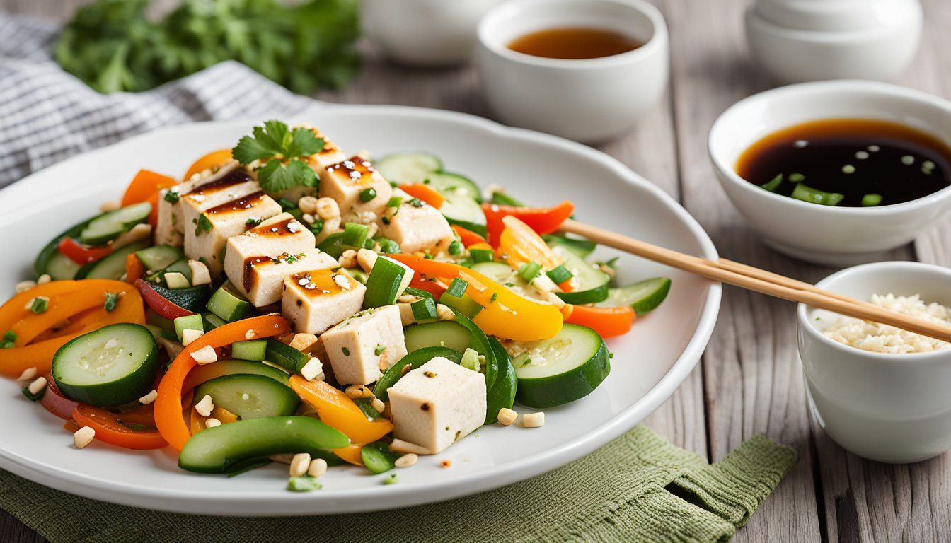 Plated Fu Bao Chinese Tofu Salad with tofu, carrots, cucumbers, and soy-based dressing.