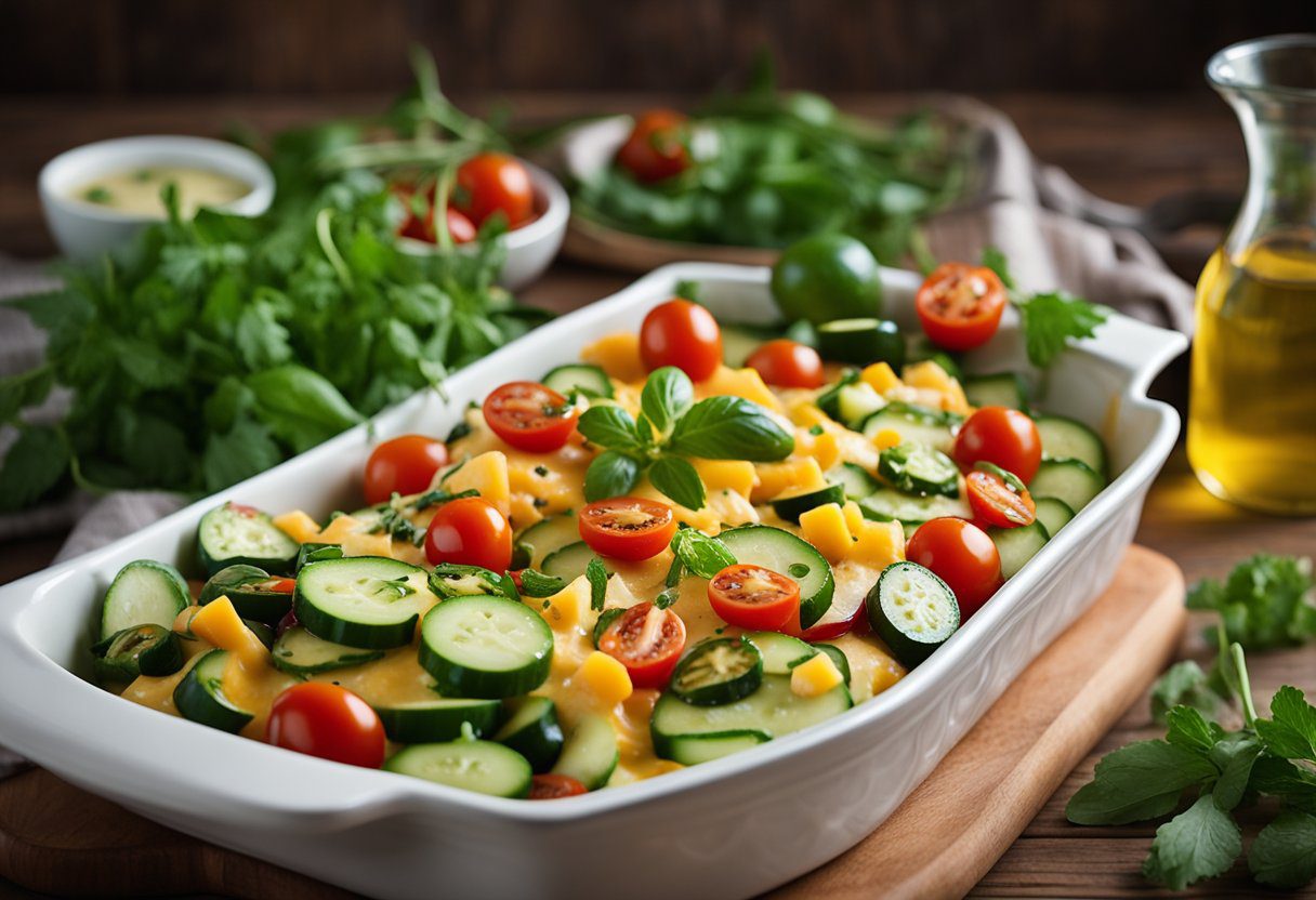 A baked spicy cucumber salad in a glass baking dish, featuring sliced cucumbers topped with melted cheddar cheese, vibrant cherry tomatoes, cooked corn, and jalapeños. The dish is drizzled with olive oil and lime dressing, garnished with fresh cilantro on a wooden table.