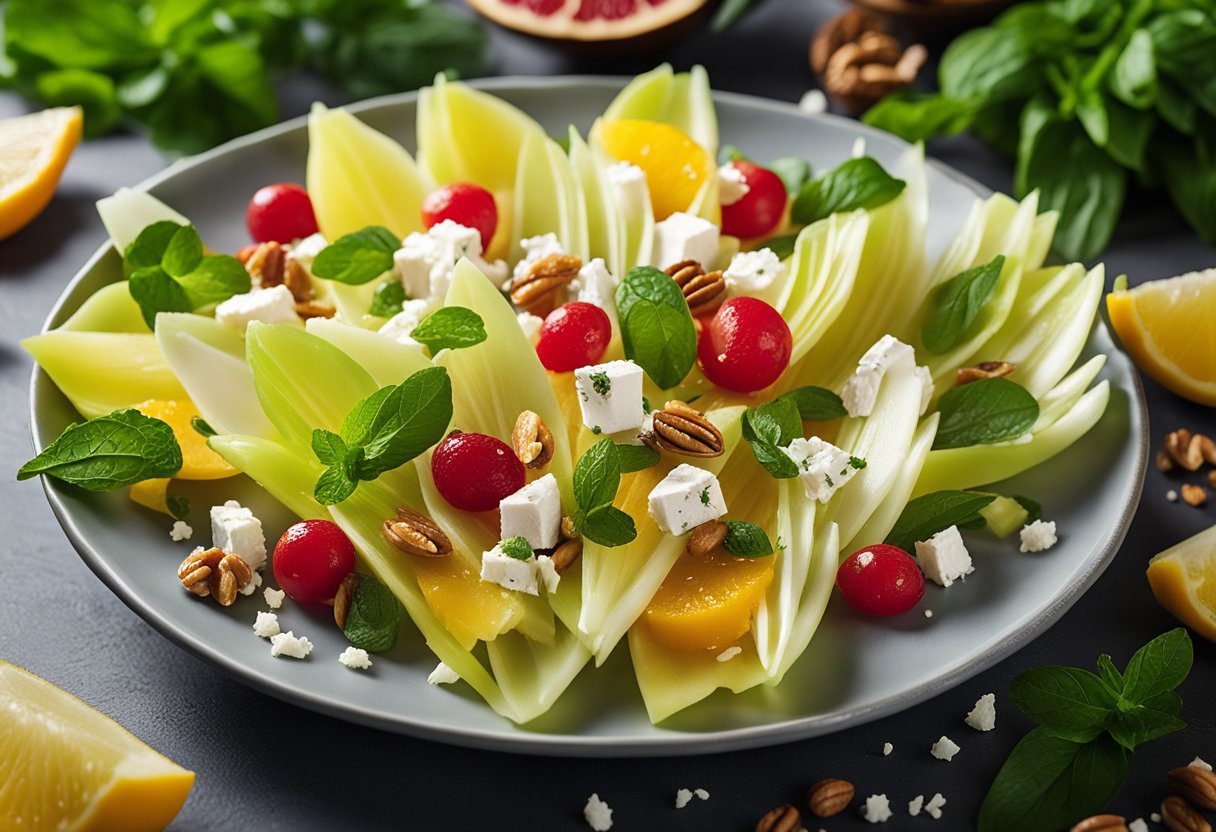 Close-up of Endive Citrus Salad showcasing the fresh textures of endive, juicy citrus fruits, and toppings like walnuts and feta, with a light lemon olive oil dressing