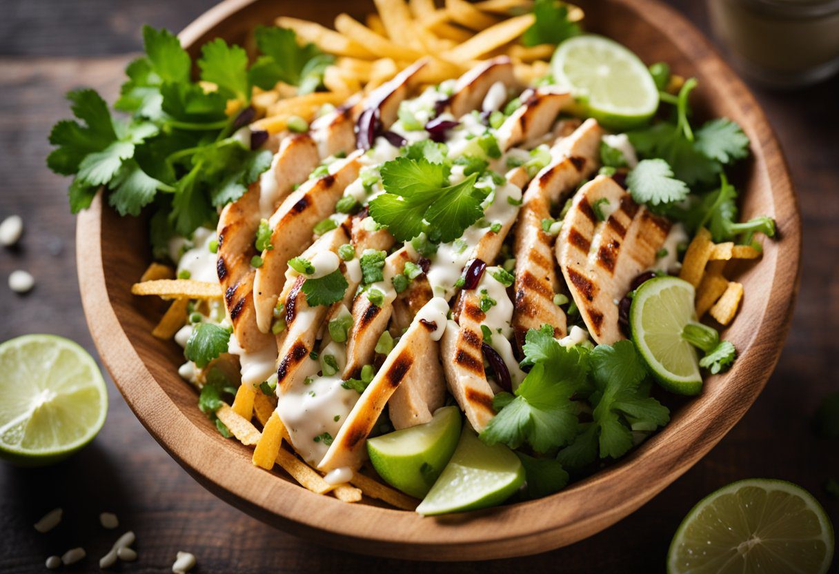 A vibrant Chipotle Chicken Salad in a rustic wooden bowl, featuring grilled chicken slices, mixed greens, cherry tomatoes, bell peppers, corn, sliced cucumbers, and creamy avocado. The salad is drizzled with a zesty chipotle dressing and garnished with tortilla strips and fresh cilantro, all beautifully arranged in a well-lit kitchen setting