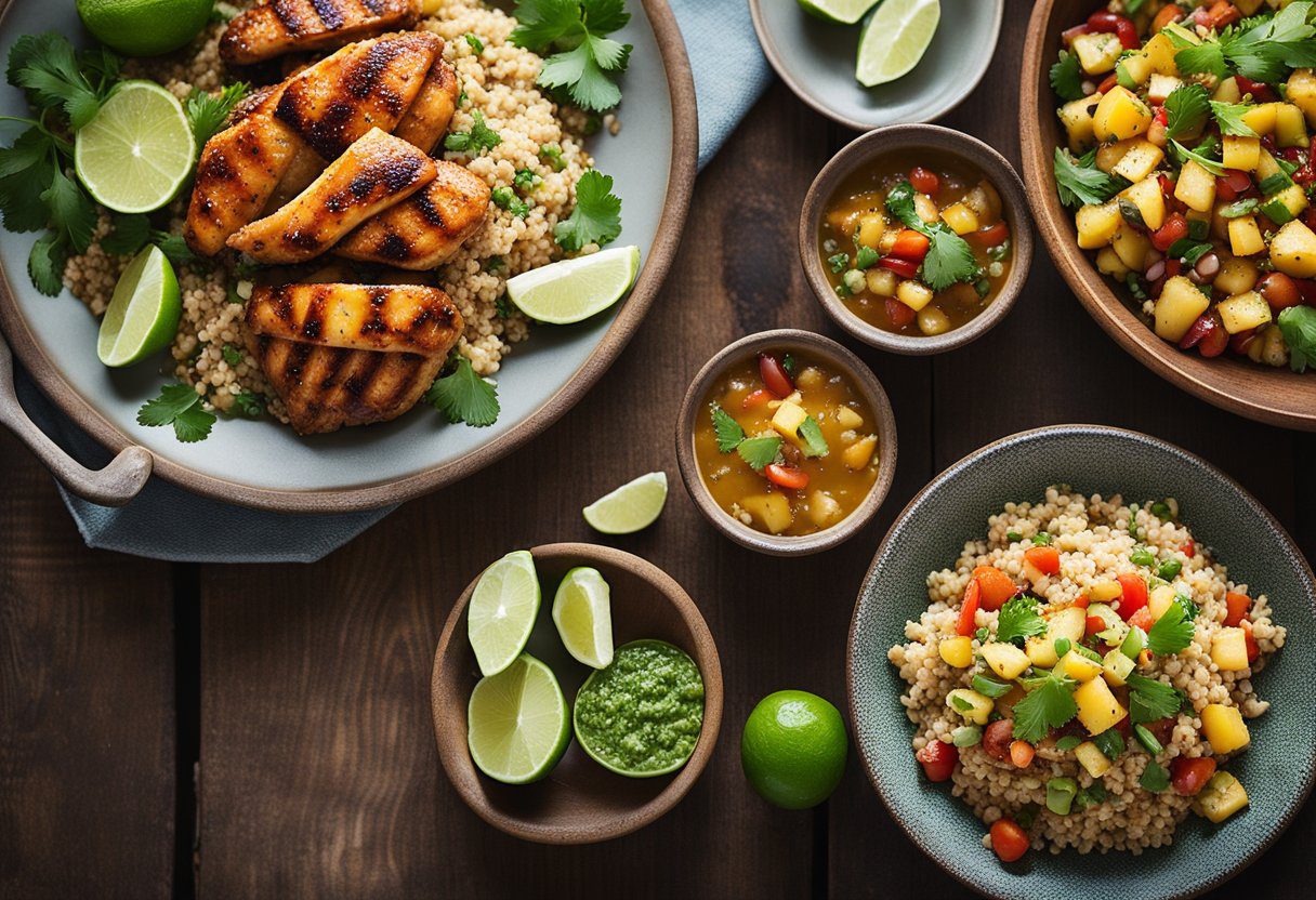 A vibrant spread featuring Chili Lime Chicken, fresh salsa, quinoa, and a bean salad on a rustic wooden table.