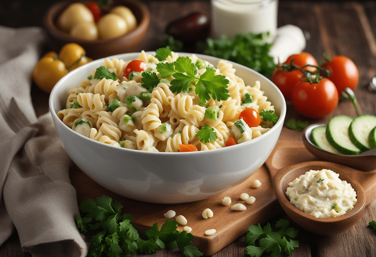 Egg pasta salad with spiral pasta, hard-boiled eggs, fresh veggies, and creamy dressing, garnished with parsley on a rustic wooden table