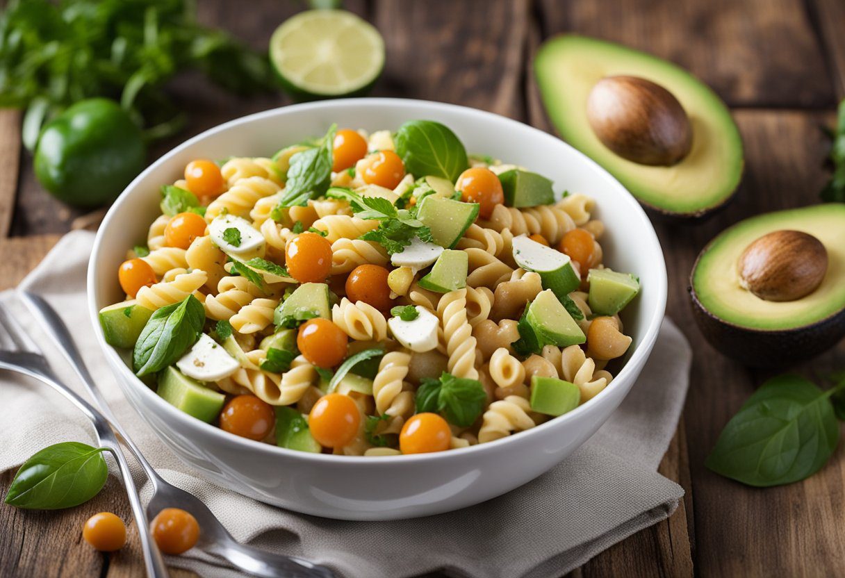 A vibrant bowl of pasta avocado chickpea salad featuring spiral pasta, creamy avocado cubes, chickpeas, and colorful vegetables like cherry tomatoes, cucumbers, and bell peppers. The salad is lightly drizzled with olive oil and lemon dressing, garnished with fresh herbs.
