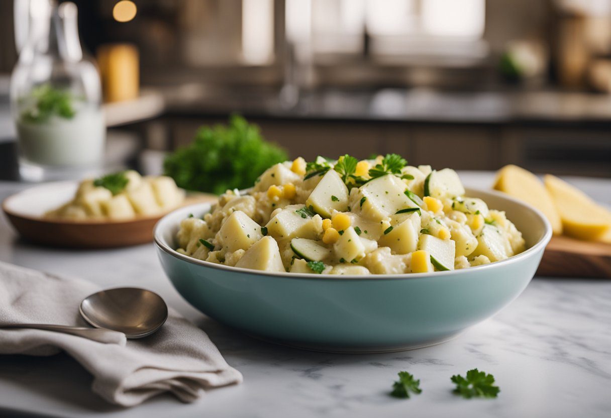 A bowl of creamy Costco potato salad with diced celery, red onion, hard-boiled eggs, and a sprinkle of black pepper, set on a wooden countertop with mustard and pickle relish on the side