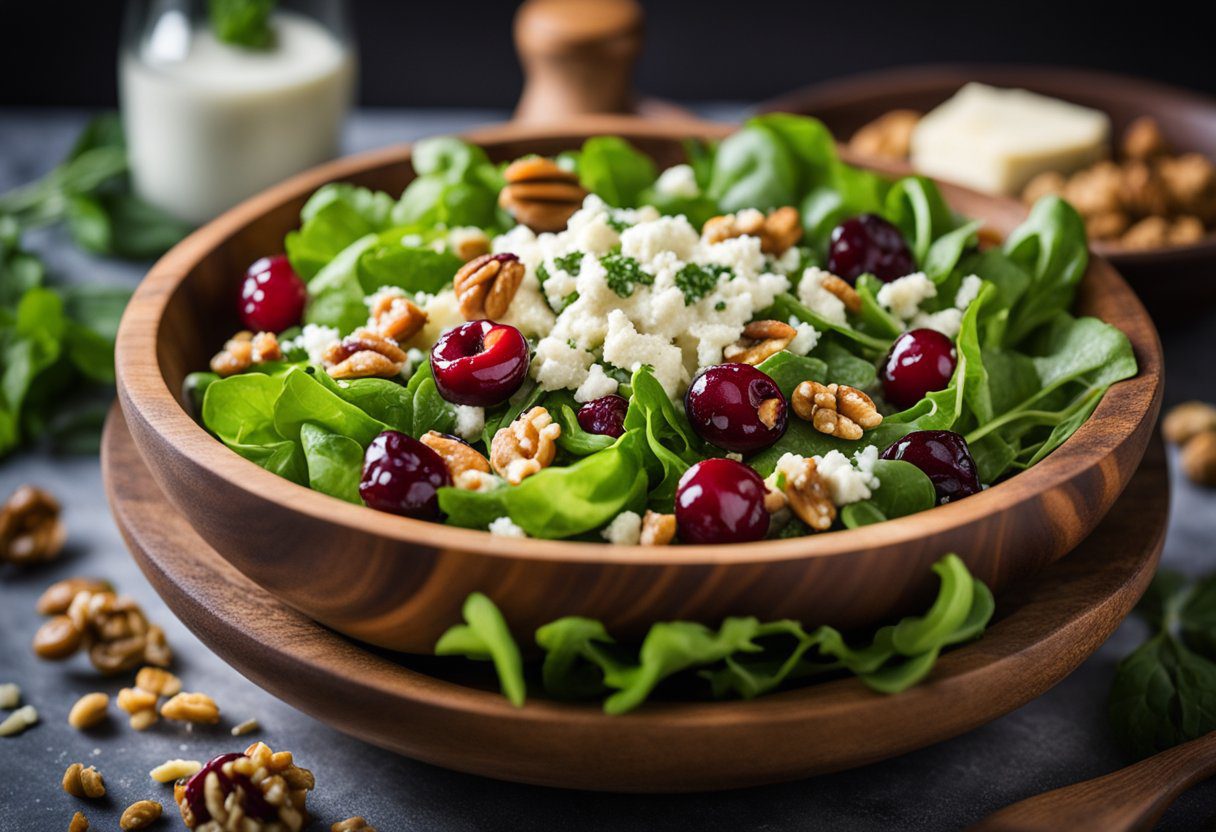 Gorgonzola salad with greens, blue cheese, walnuts, and cranberries in a wooden bowl.