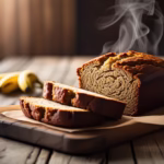 Moist homemade banana bread sliced on a rustic wooden table, with golden crust and visible banana texture.