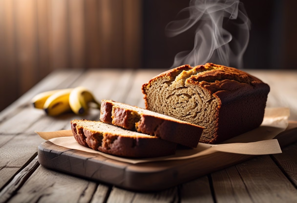 Moist homemade banana bread sliced on a rustic wooden table, with golden crust and visible banana texture.