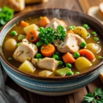 A bowl of homemade chicken stew with chicken pieces, carrots, potatoes, peas, and fresh parsley garnish